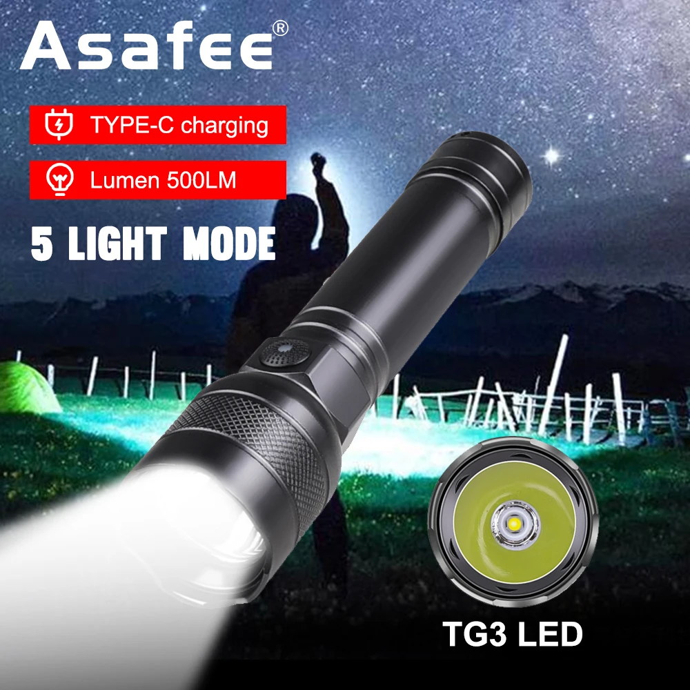 

Портативный мощсветильник фонарик TG3LED с фиксированным фокусом, 5-скоростной фонарь для кемпинга, водонепроницаемый фонарь с USB-зарядкой типа с, IPX4