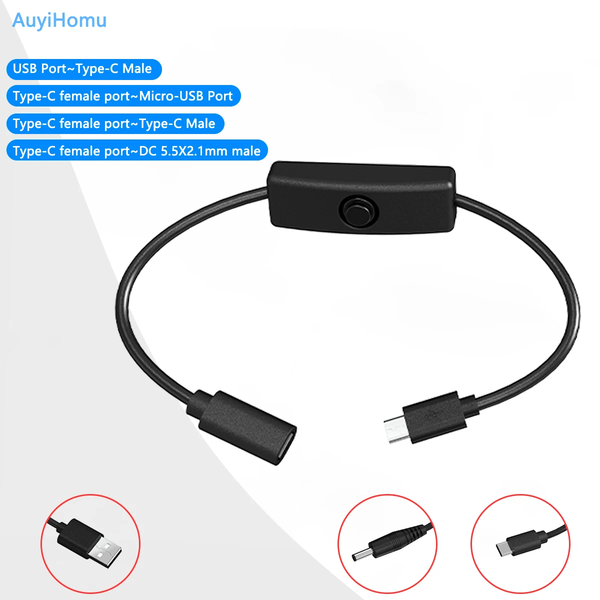 Versatile Type C Power Extension Cord with On/Off Switch – USB-C, Micro-USB, and DC 5.5x2.1mm Connectors, Ideal for Various Devices – 5V