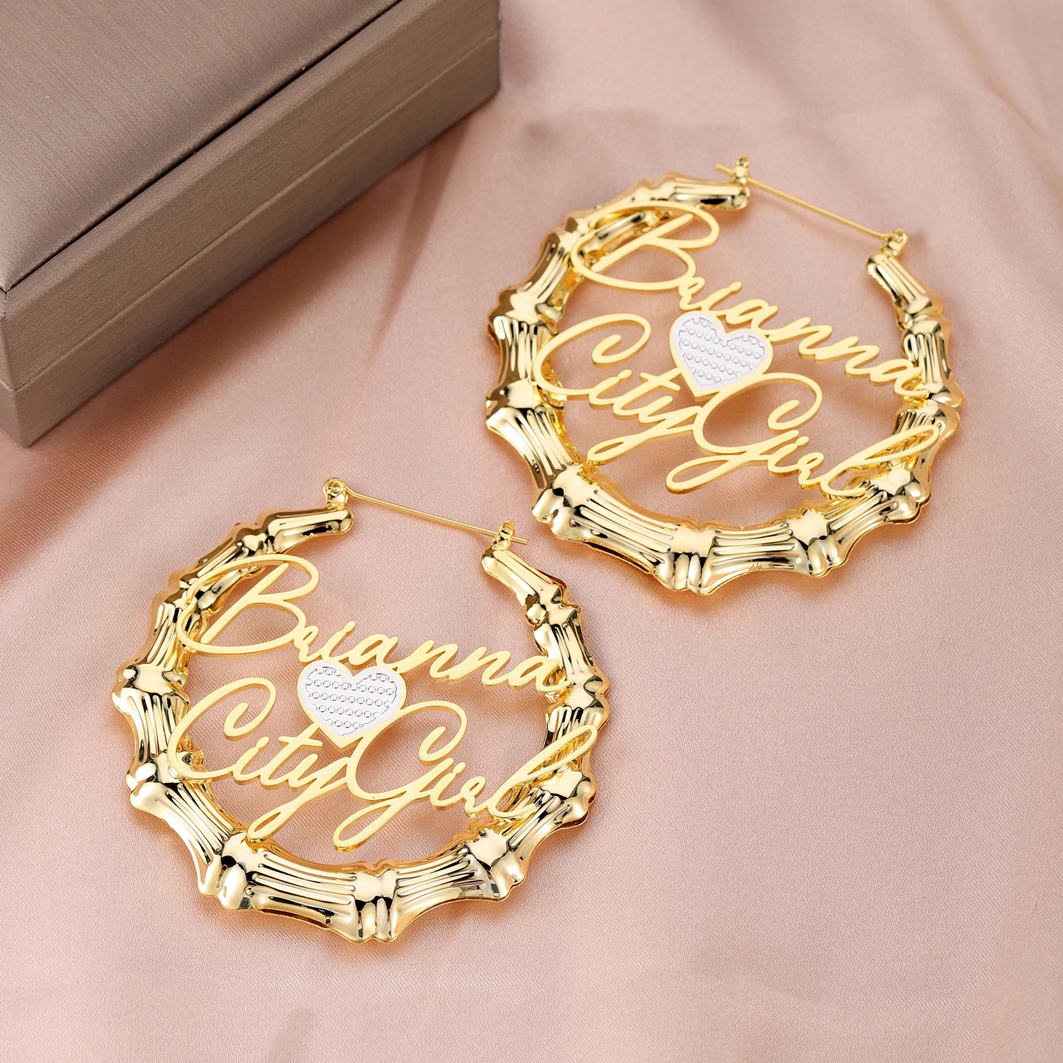 Dascusto Bamboo Hoop Earring With Heart Custom Cursive Stainless Steel Earrings Personality Bamboo Name Drop Earring For Women