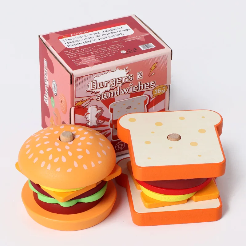 Wooden Burger Sandwich Stacking Toys Montessori Toys for Toddlers Pretend Play Food Preschool Educational Fine Motor educational toys,pretend food toys,wooden burger toys