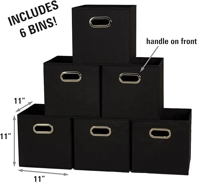 6-pack foldable fabric storage bins, black. Includes handles, ideal for cubbies, closets, or toy organization 3