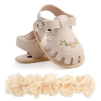 2pcs Baby Girls With Flower Decor Soft Sole Anti Slip First Walker Shoes Prewalker Shoes Summer & Headband For Newborn Infant 2