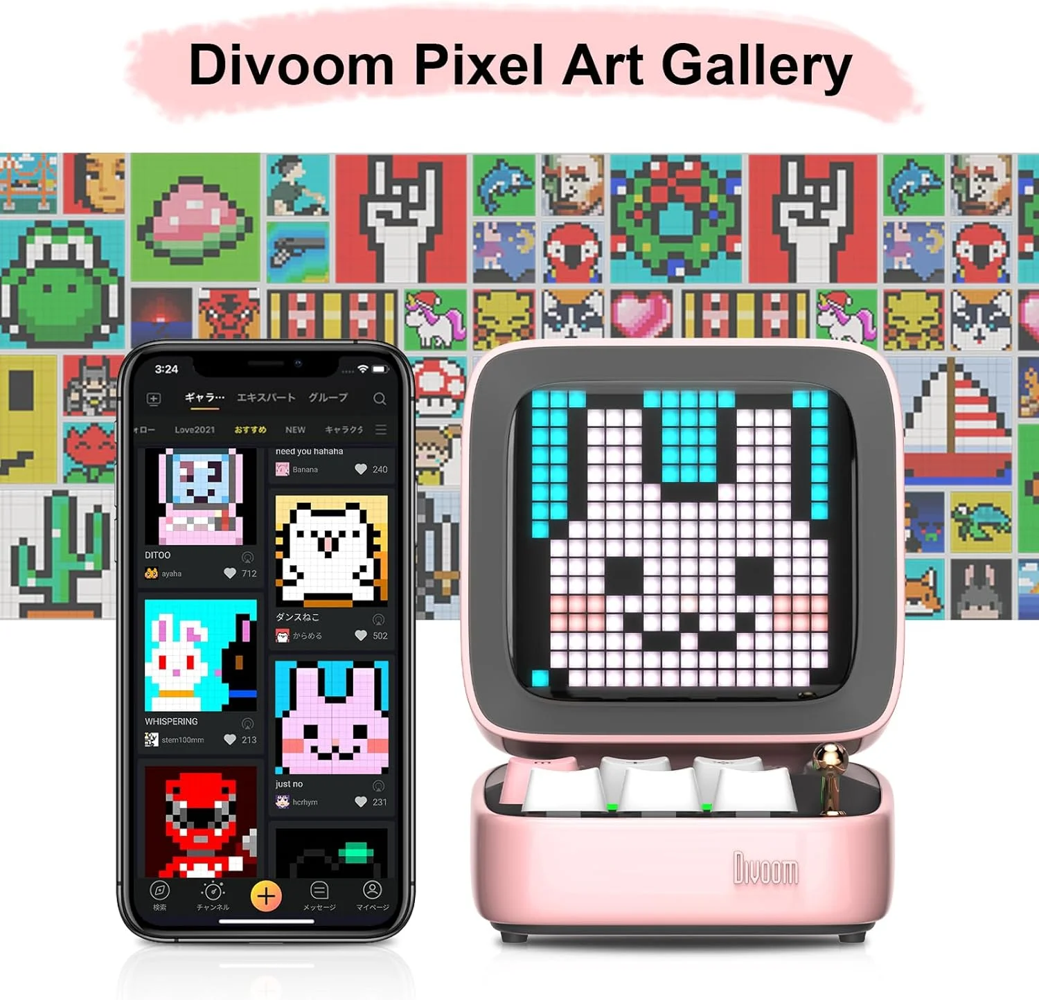 Ditoo 블루투스 스피커, 레트로 픽셀 아트 게임, 16X16 LED 앱 제어 전면 스크린 핑크, DIY LED 디스플레이 보드