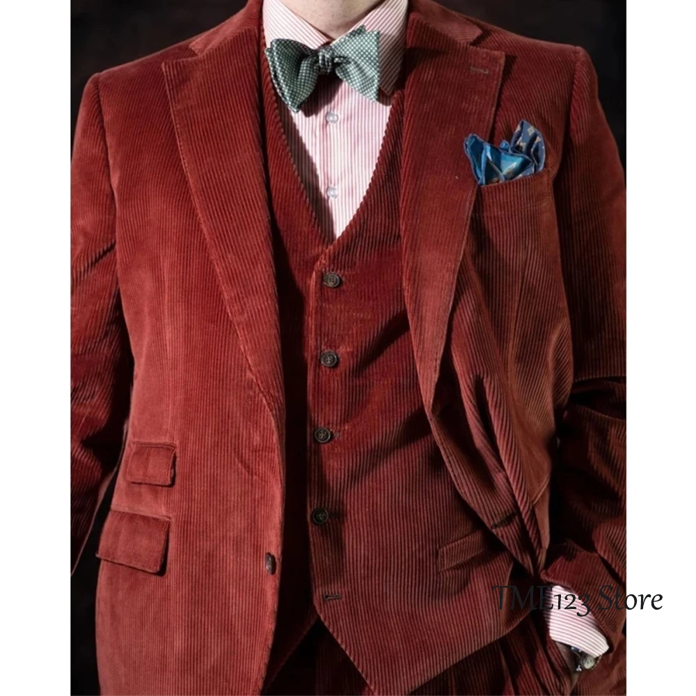 Mens suit Three-piece retro corduroy single-breasted slim-fit business suit jacket wedding best groomsman (jacket + vest + pant)