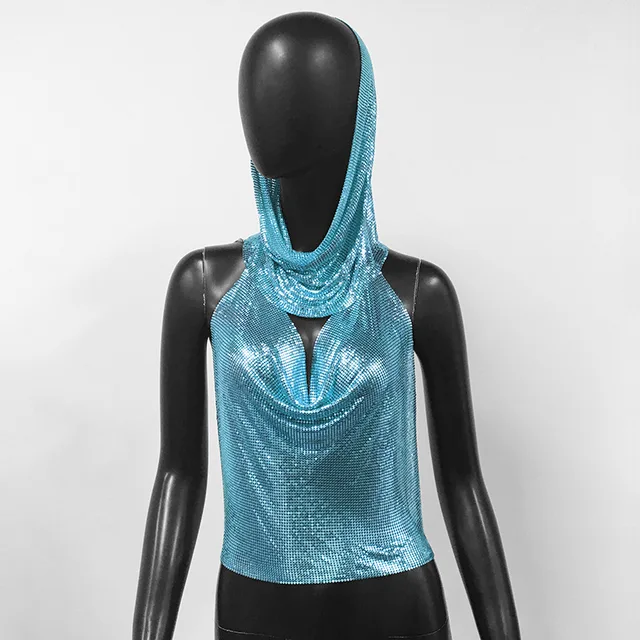 Vintage Women High Shine Hooded Chainmail Top Summer Camis Cowl