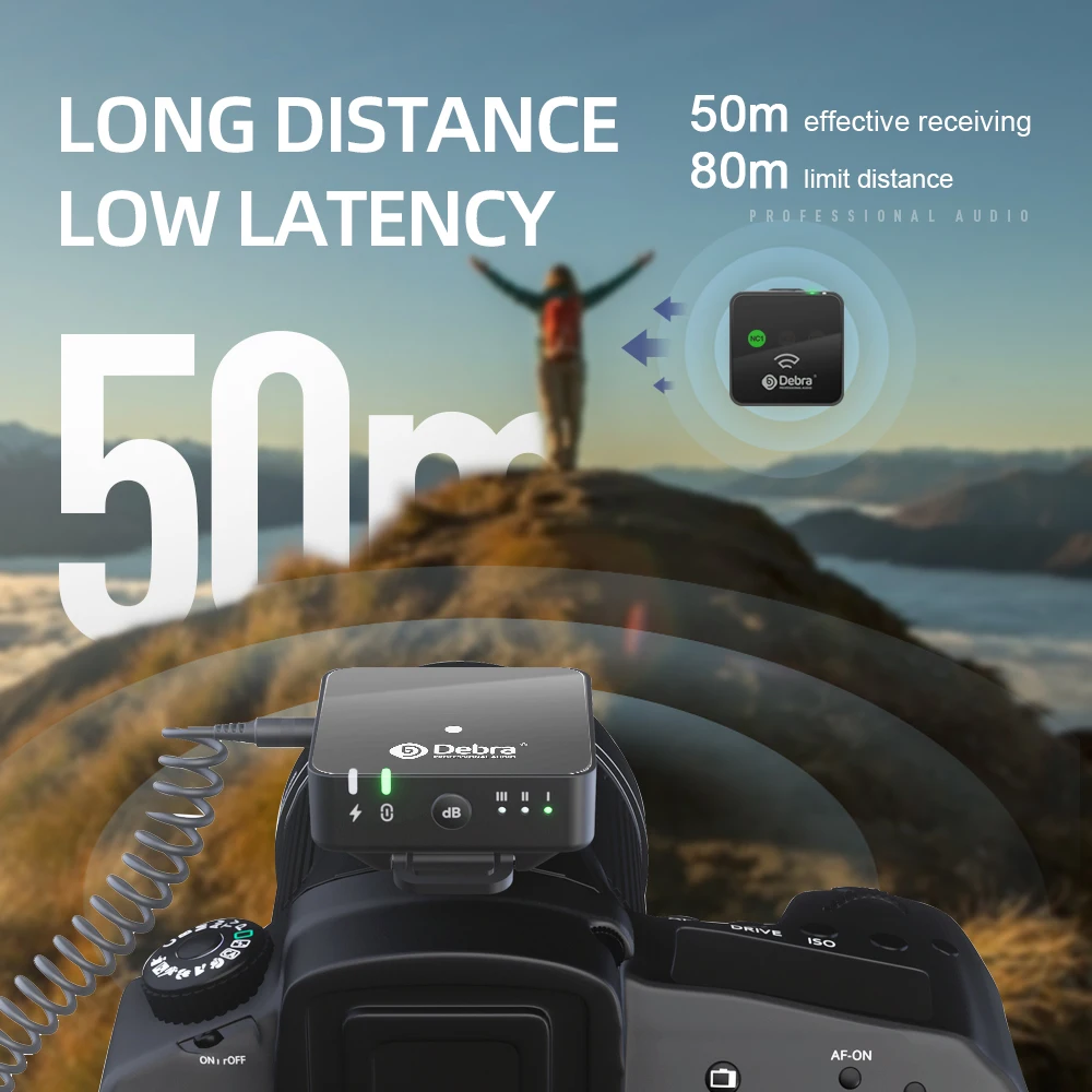 Debra W90 2.4G Wireless Microphone-80m Range with 3-Level Noise Reduction for DSLR/Smartphone Vlogging & Live Streaming
