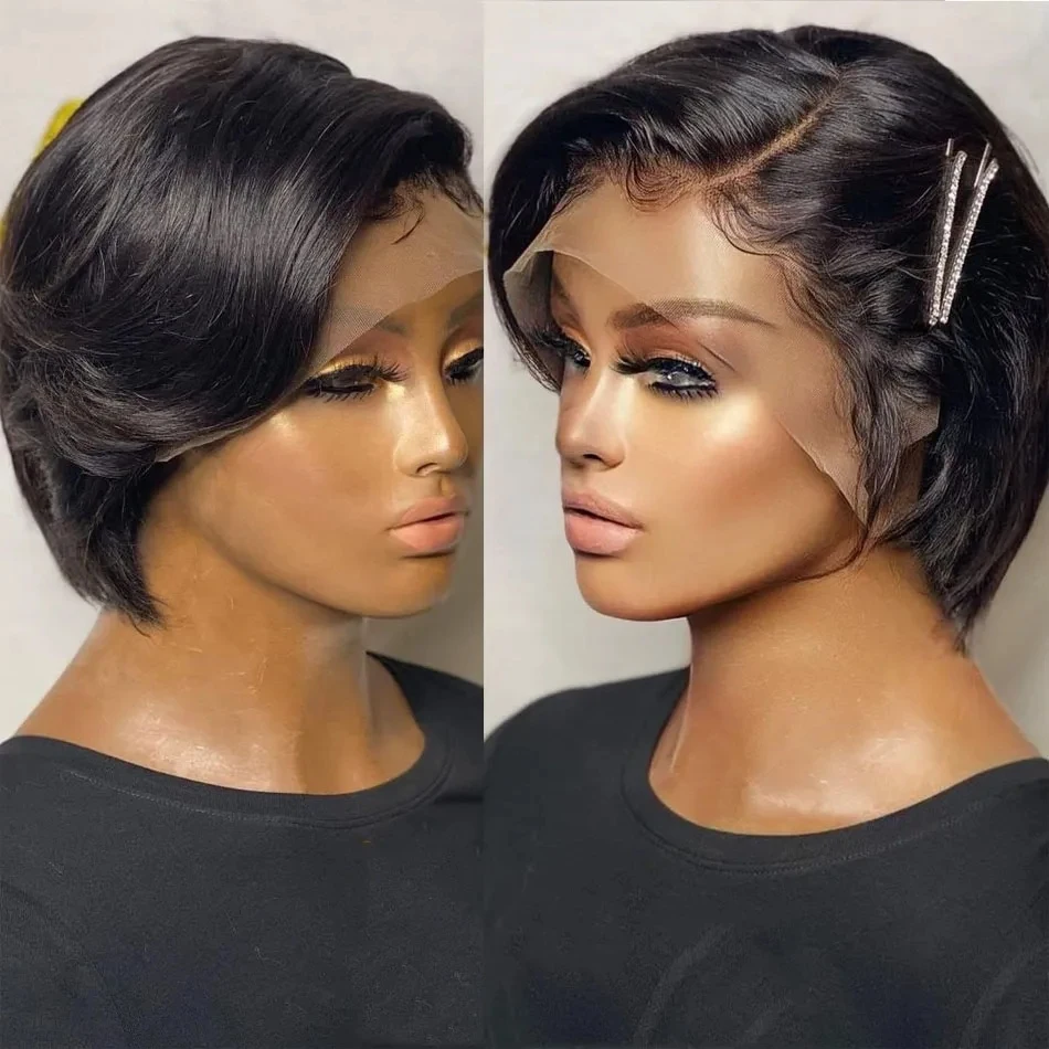Short Pixie Cut Bob Wigs Lace Front Human Hair Wigs Natural Black Color Brazilian Straight Remy 100% Human Hair wig