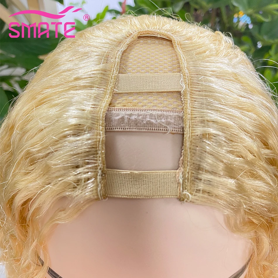 SMATE Water Wave U Part Wig Human Hair U-Shape With Clips 180 DensityOmbre Blonde Breathable European Remy Hair Wig 14-28Inch