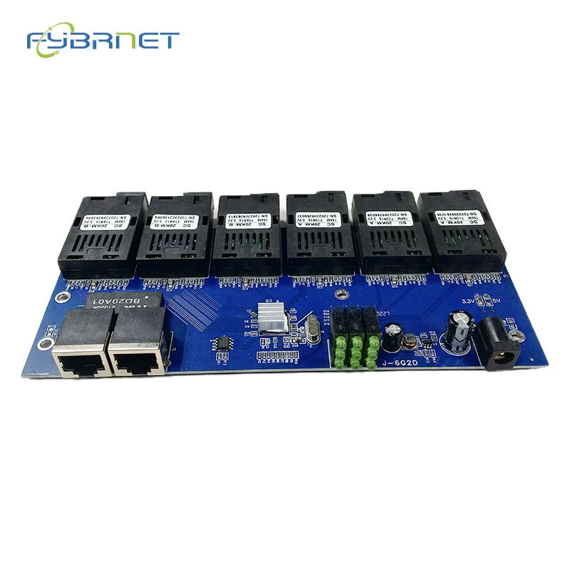 6F2E Fiber switch Ethernet 20KM Media Converter 20KM SC 6 fiber 2 RJ45 10/100MSC PCBA board SC Fast Ethernet Simplex