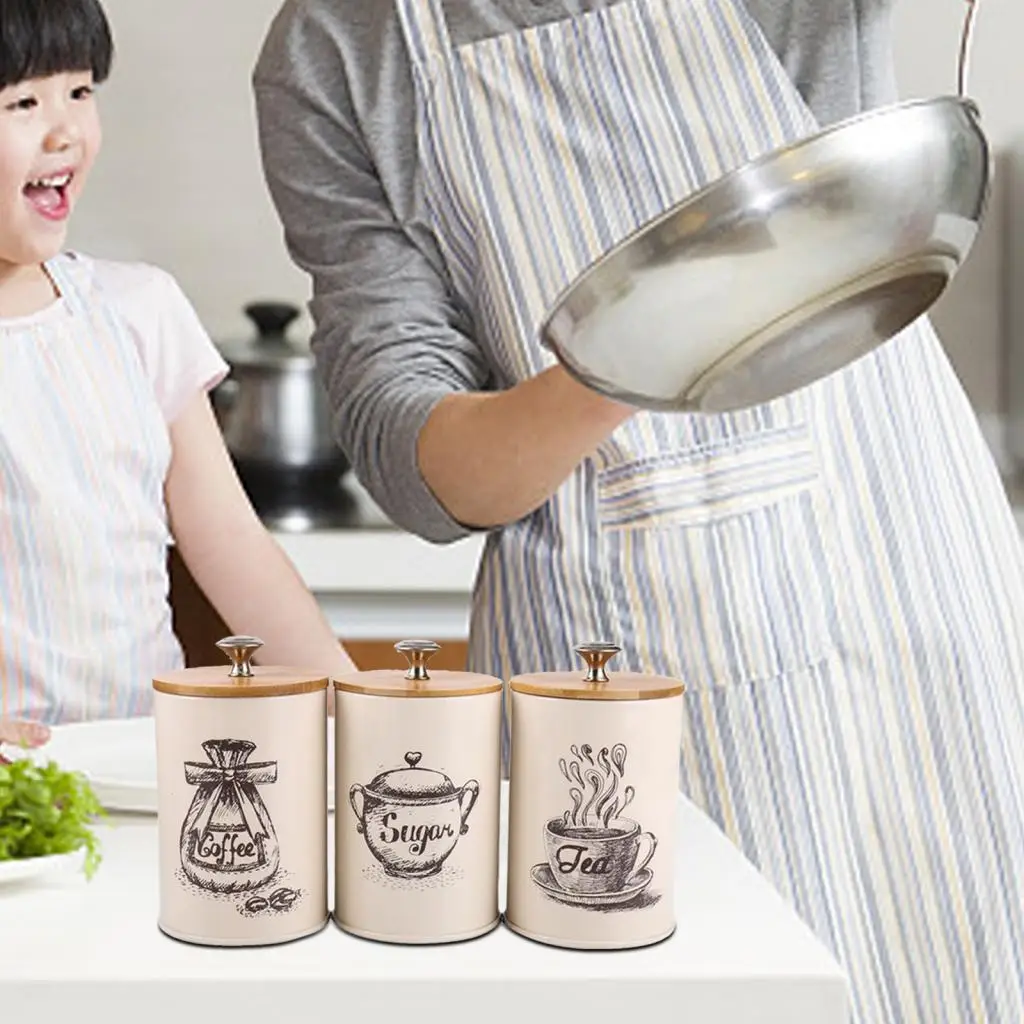 3Pcs/Set Retro Home Tea Time Kitchen Coffee Tea Sugar Container Jars Tin Metal Jar for Office Home Restaurant Tea Room Storage 6