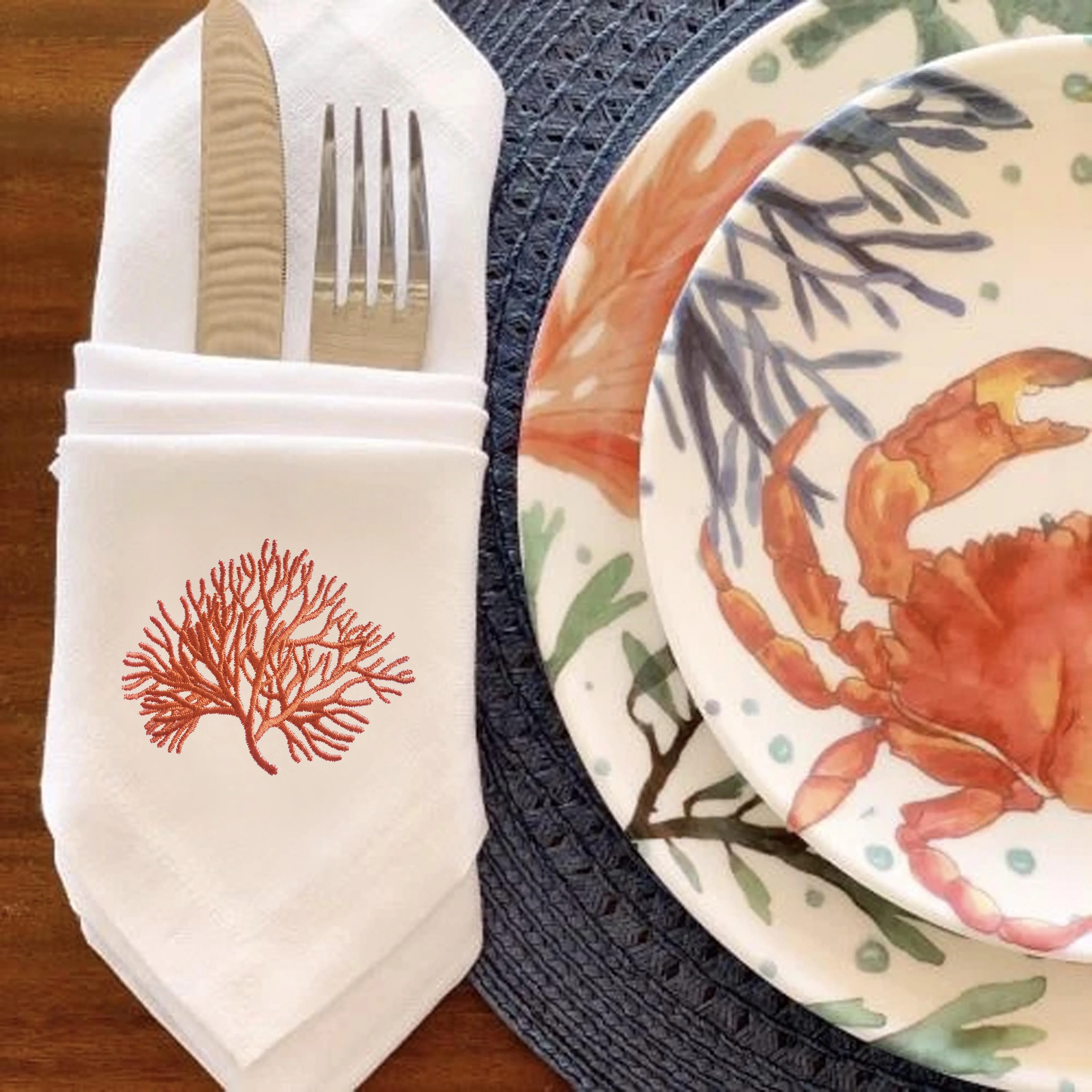 

Multicolor Corals Embroidered Napkin, Placemat, Hemstitch, Cotton+Linen, Table Decoration