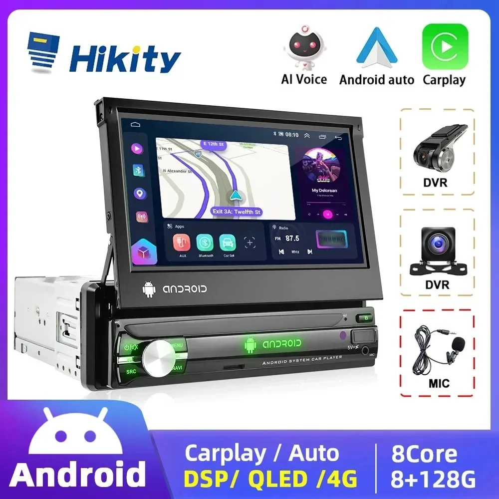 Hikity Android 1 Din Car Radio Carplay 7" Retractable Screen Multimedia Video Player Universal Car Audio No DVD