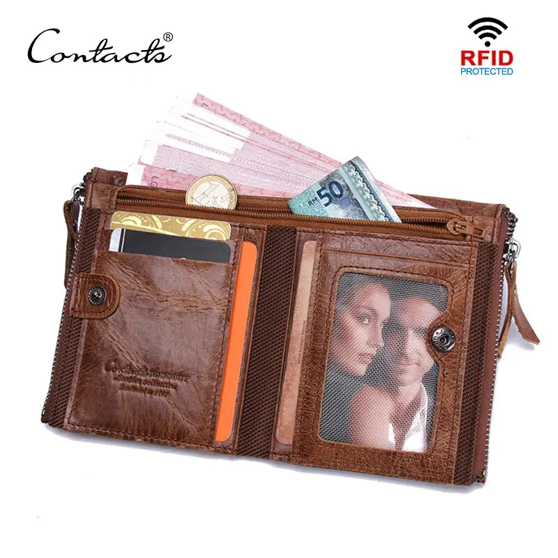 Contact's Genuine Crazy Horse Leather Men Wallets Vintage Trifold Wallet  Zip Coin Pocket Purse Cowhide Leather Wallet For Mens - Wallets - AliExpress