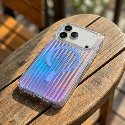 Gradient Stripe Magnetic Phone Case with Flat Back Design - iPhone 15 Plus (D34)