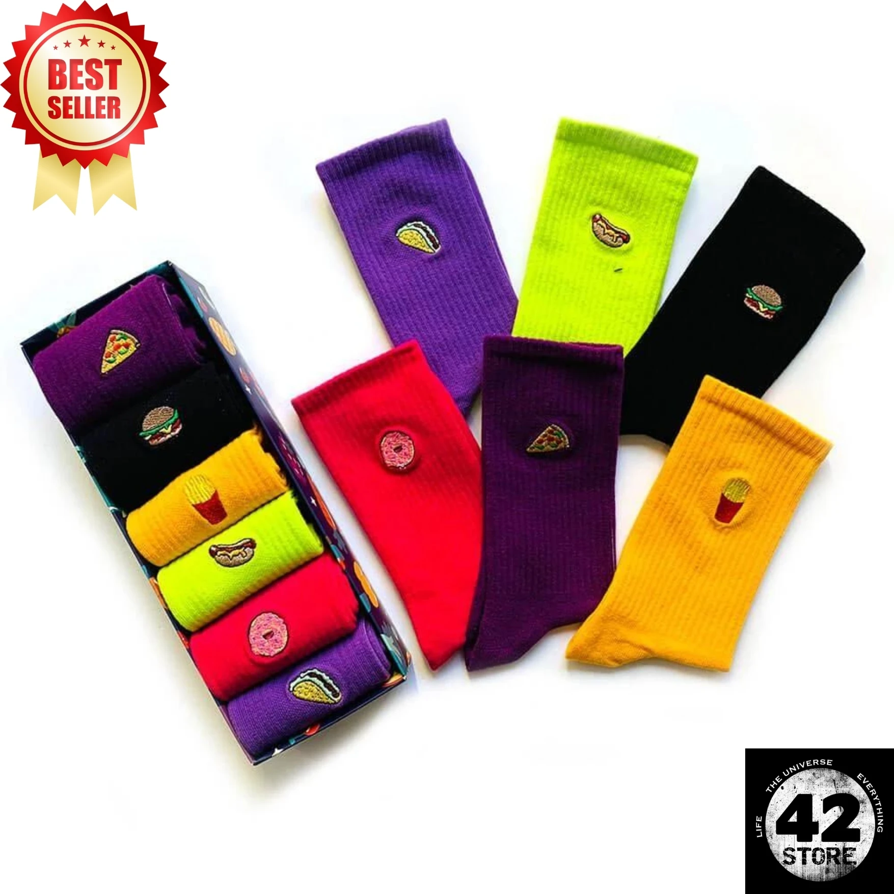 Fast Food Embroidered Mixed Color Patterned Sock Box 6 Packs