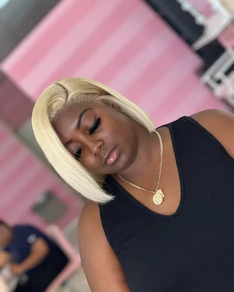 613 Blonde kurze Bob-Perücke, 250 % Dichte, transparente Spitzenfront, 100 % Echthaar-Perücken, gerade, 13 x 4 farbige Spitzenfront, vorgezupft – Detail 21