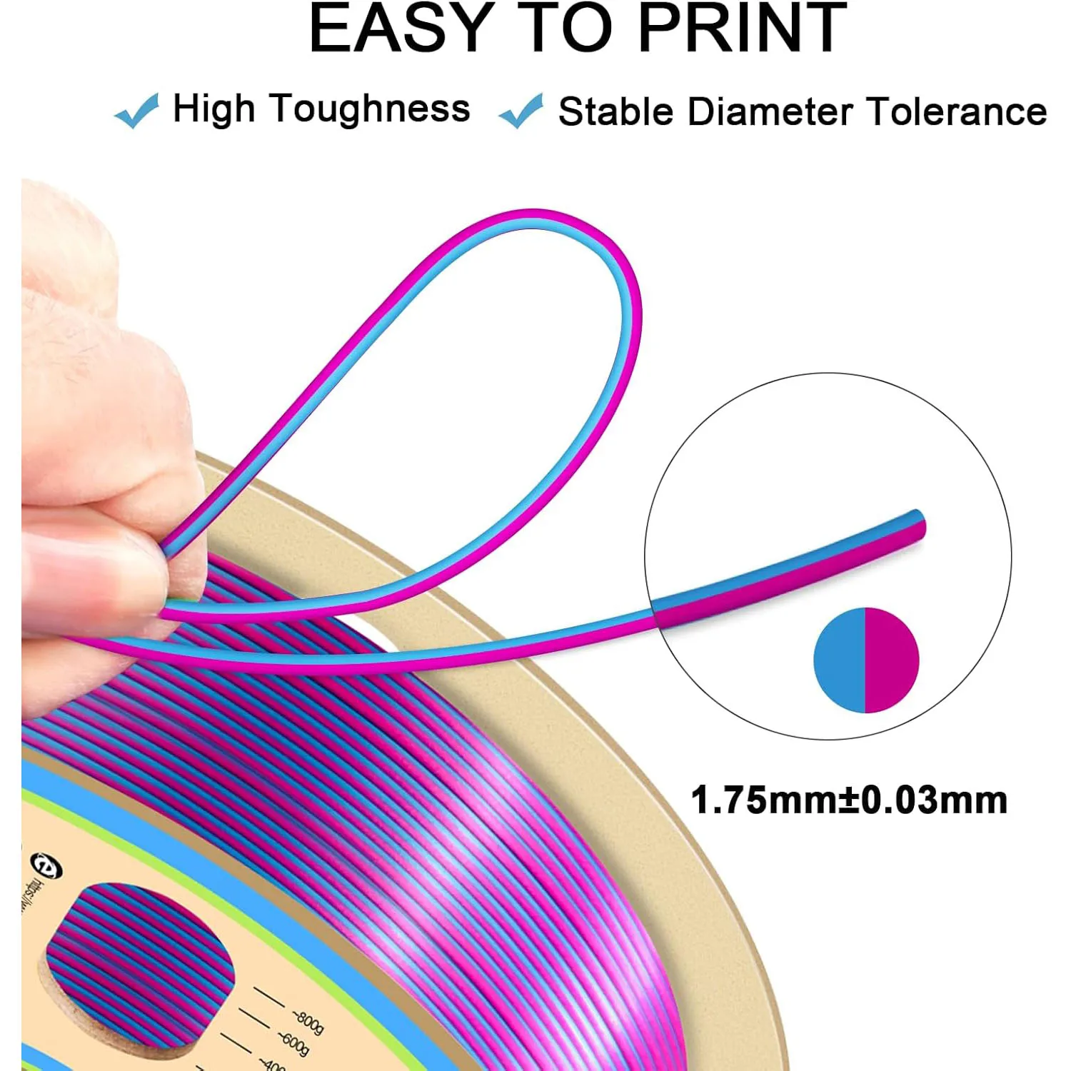 실크 PLA 필라멘트 1.75mm, 3D 프린터 필라멘트 이중 색상 공압출 필라멘트 실크 로즈 레드 블루 색상 변화 PLA, 250g