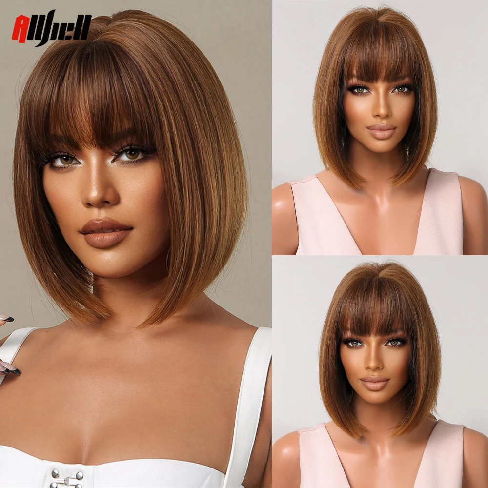 

Brown Bob Synthetic Wigs Short Straight Women Wigs With Full Bangs for Black Women Afro Party Cosplay Natural Wig Heat Resistant