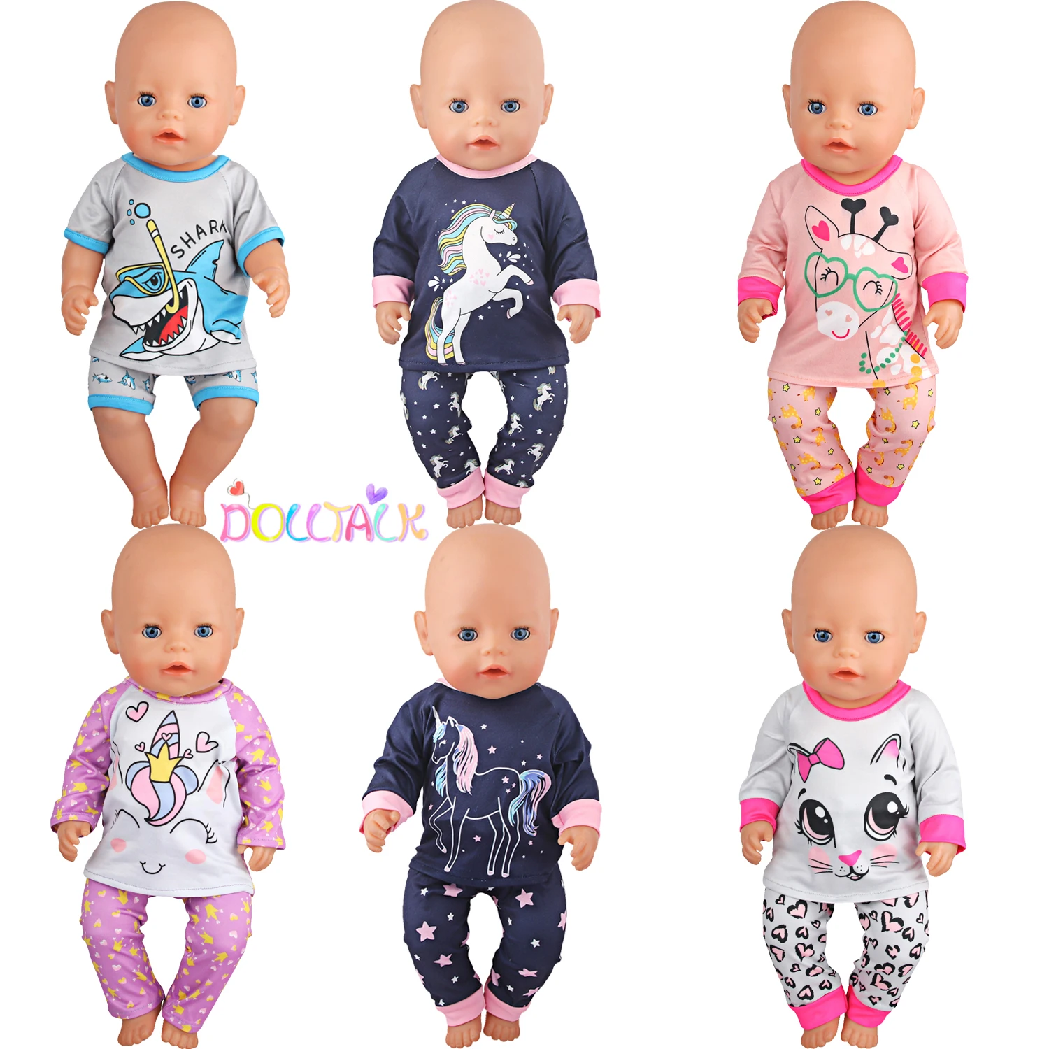 Cute Cat Animal Shark T-shirt+shorts Clothes Set Pajamas Fit For American 18 Inch Girl Doll And 43cm Baby New Born,OG Toy Doll