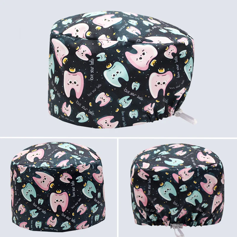 Tooth Printing Scrubs Hat Women Breathable Dentist Scrub Cap Beauty Salon Dustproof Work Hat Lab Clinic Protection Caps K981