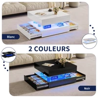 Table basse carrée haute brillance, table de canapé, table basse à plateau coulissant avec double tiroir, style moderne, avec éclairage LED, adaptée au salon, disponible en blanc/noir 5