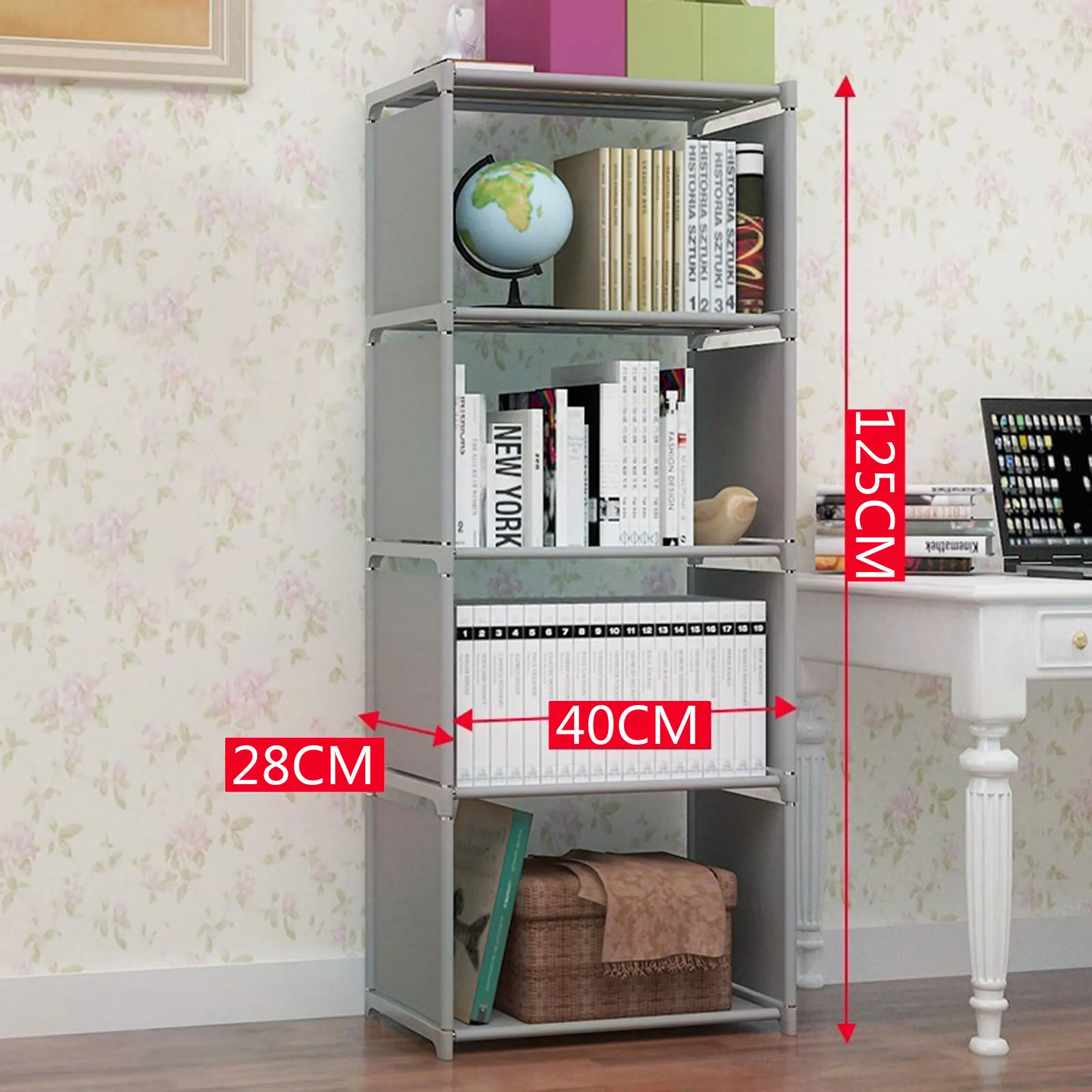 4-Tier Bookcase Wall Bookshelf Leaning Wall Shelf Shelving Ladder Storage Home Metal &Woven Fabric Grey Strong Bearing Capacity 3