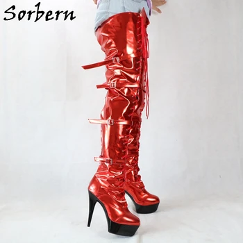 Sorbern Metalic Red Crotch Boots Pole Dancer Unisex Stripper Heels Lace Up Platform Round Toe 15Cm Heels Custom Wide Legs