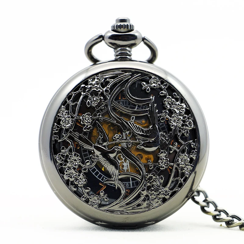 

Black Skeleton Mechanical Pocket Watch Vintage Chinese Style Romantic Flowers and Birds Hand Wind Fob Watch карманные часы
