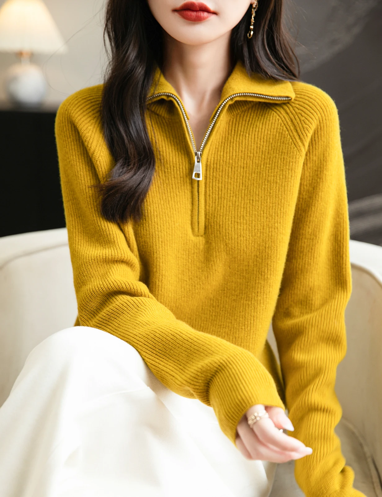 Turtleneck Wool Women's Sweater 100% Merino Wool Fall Winter Zip Pullover Casual Long Sleeve Knitted Sweater Top Female Clothing