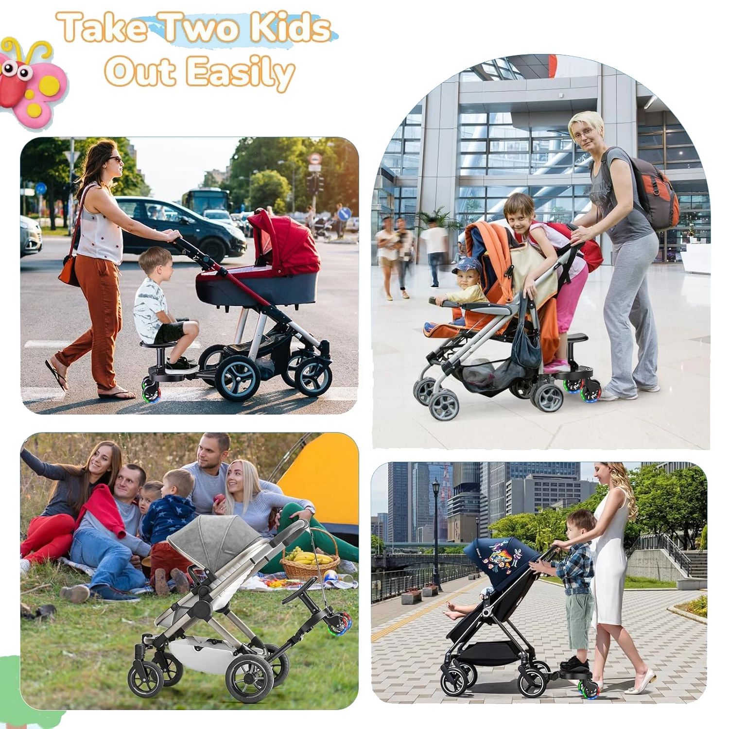 Pédale Poussette Enfant 2-en-1 - Assis/Debout Universelle Enfant se tenant debout sur la plateforme de poussette