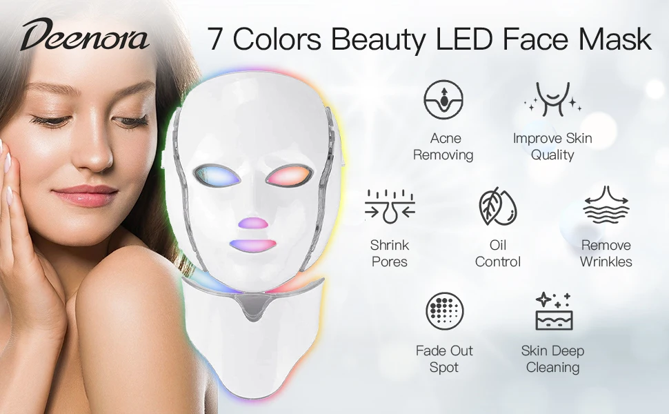 Mascarilla Facial LED de 7 colores, mascarilla ligera antiarrugas para la piel, mascarilla para el cuello, blanqueamiento, cuidado de la piel, dispositivos de belleza para uso doméstico