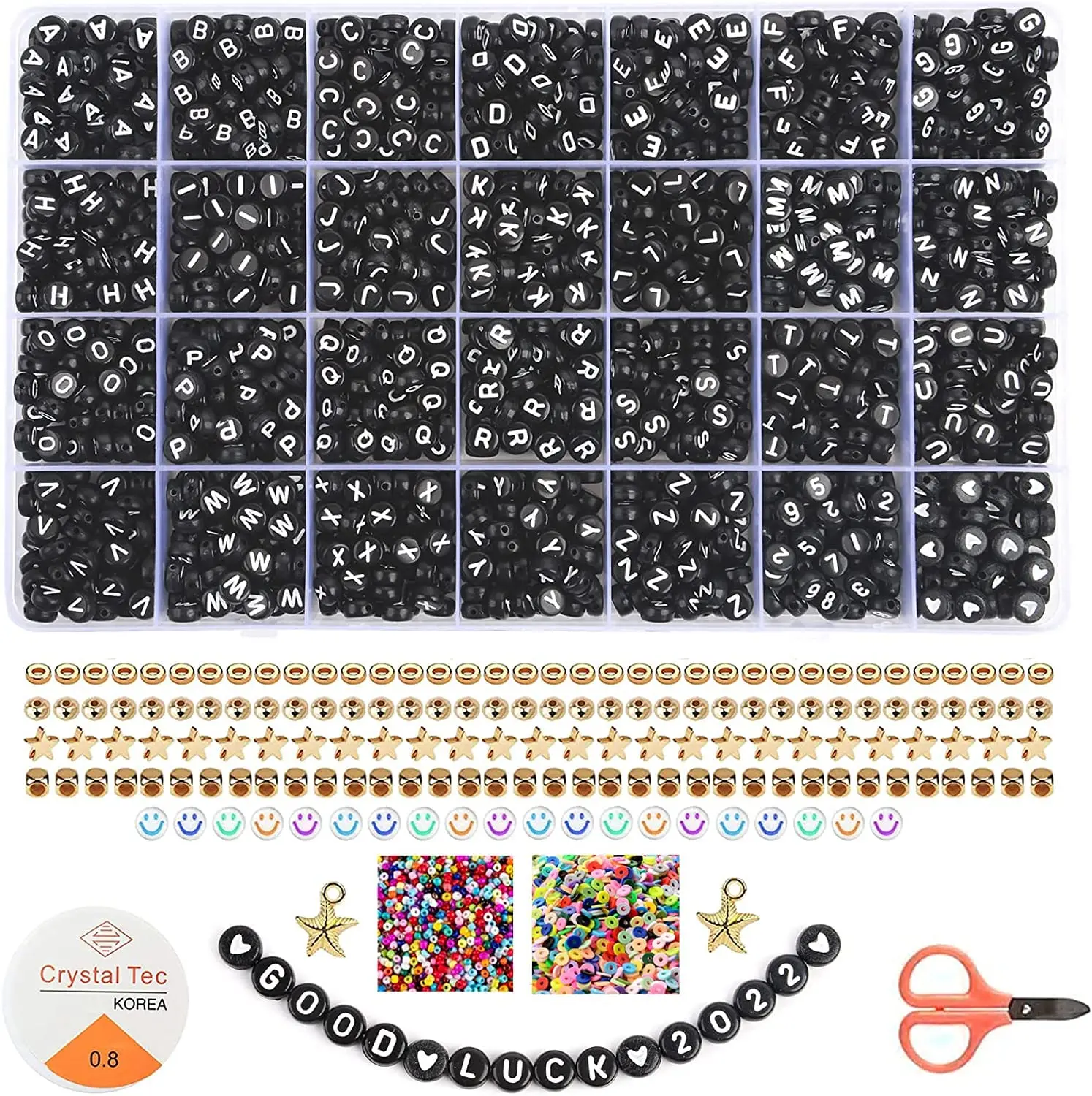 Set of black and gold alphabet beads