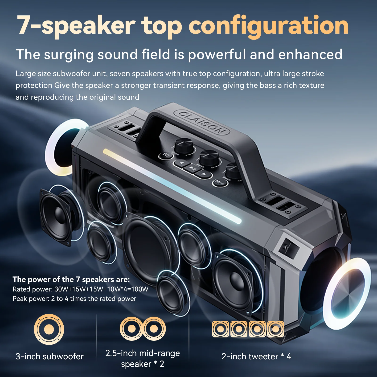 ANC 100W 7-speaker subwoofer portable speaker with dual wireless microphones 12 hours, RGB, waterproof, FX, EQ, U disk, TF, AUX 3