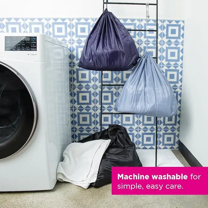 Blue travel laundry bag, 21” x 22”. Zipper and drawstring closure. Expandable, foldable, and durable for suitcase organization 5