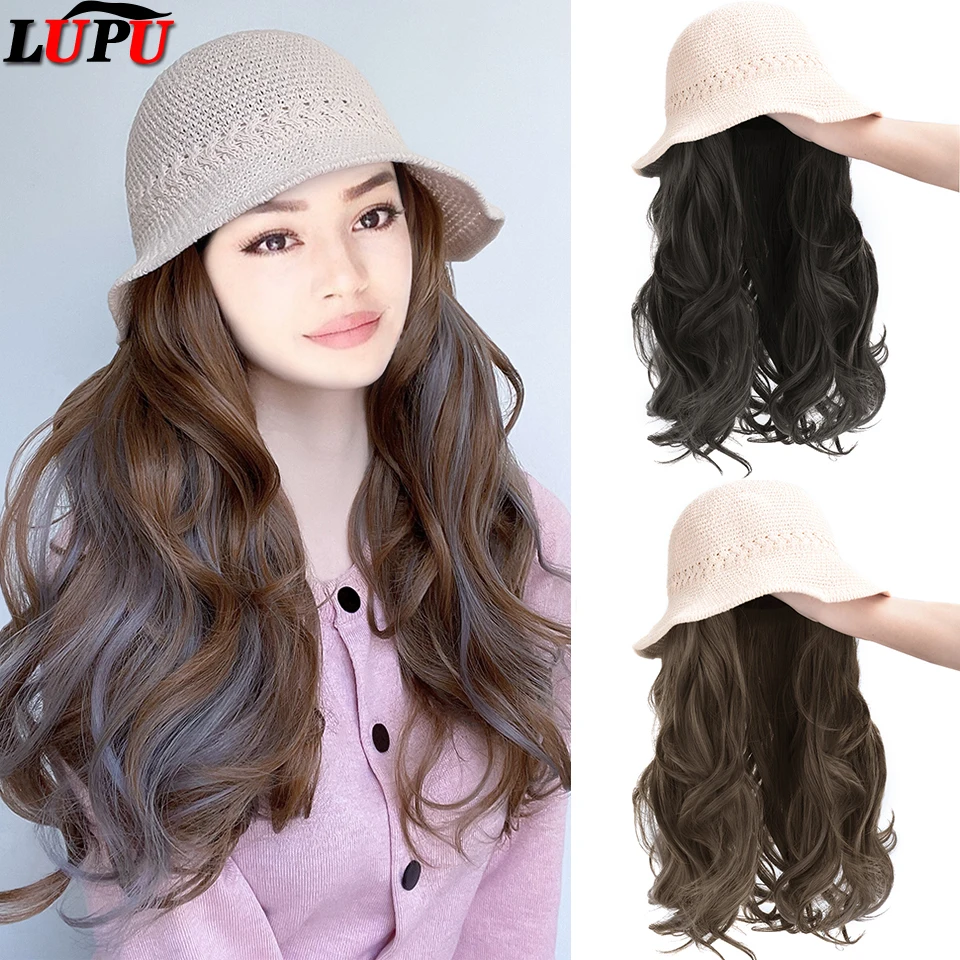 LUPU Long Synthetic Fluffy Natural Curly Wave Heat Resistant Hair Wigs With Hat  Braided Cap Naturally Connect Hat Wig For Women