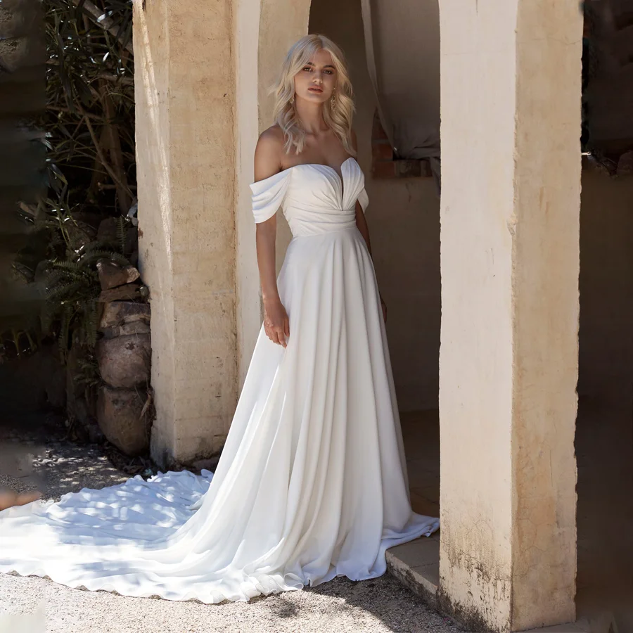 

Graceful Pleated Wedding Dress with Off-the-Shoulder Straps And Charming V-neckline Ethereal Bridal Gown with Watteau Train