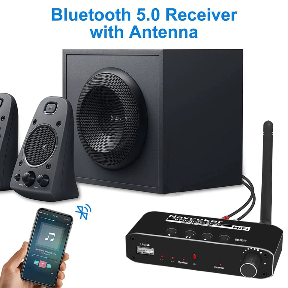 Navceker DAC Digital to Analog Audio Converter With Bluetooth Receiver Optical Toslink USB Disk to RCA 3.5mm Jack Stereo Adapter audio converter adapter