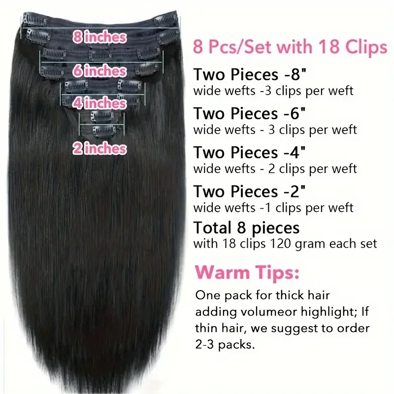 Clip In Hair Extensions Human Hair Brazilian Straight Clips In 8 Pcs/Set Natural Black Color Clip-Ins Remy 8-26 Inch 120G