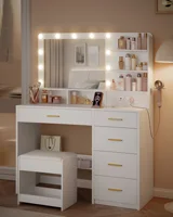 Hzuaneri Туалетный столик с 10-светодиодной подсветкой, табурет, туалетный столик с большим зеркалом, с розеткой, держателем для фена — изображение 2