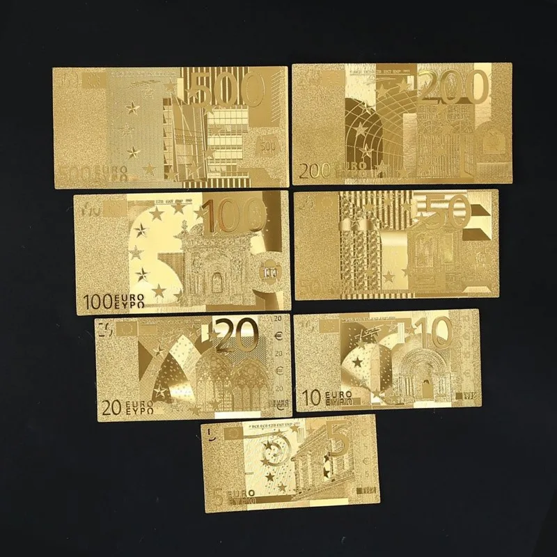 24K Gold Banknotes Gold Dollars Euro Antique Plated Commemorative Notes Euro Banknote Ornament Gold Plated Banknote Euro Banknote Crafts Commemorative Banknotes 7pcs/Set Home Decoration