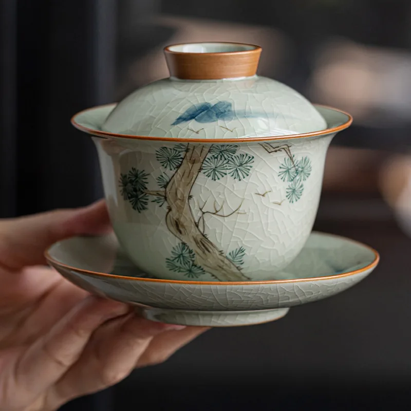 Hand Painted Pine Antique Ceramic Opening Gaiwan Tea Tureen Teaware Set Chinese Tea Bowl Chawan Cup