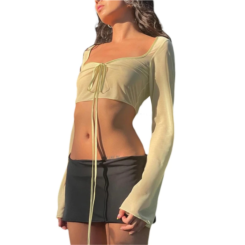 Top corto estético vintage de verano para mujer, camiseta de malla de manga larga con cordones, ropa de vendaje Y2K, camisetas casuales grunge