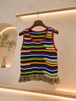 2026 Women Bohemian U Neck Knit Tank Soft Breathable Multicolor Horizontal Band Cut Loose Silhouette Summer Daily Outfit