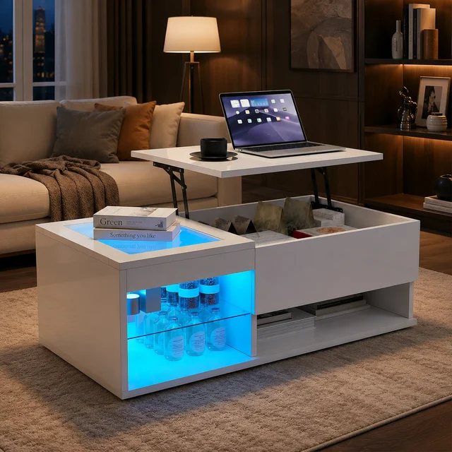 Table Basse Relevable avec Éclairage LED, 100x55x35-50cm, Table Basse Blanche Brillante , Table de Salon Rectangulaire avec Compartiments Cachés et Rangement Ouvert, Table d'appoint Moderne pour Salon et Chambre 1