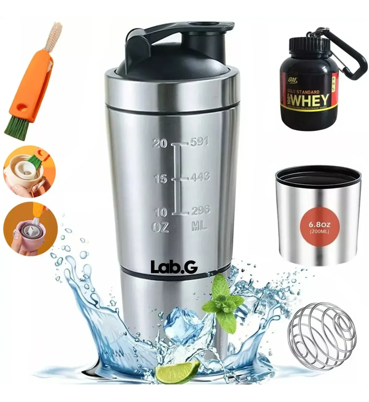 Vaso Agitador De Proteína De Acero Inoxidable Para Gimnasio Lab.G