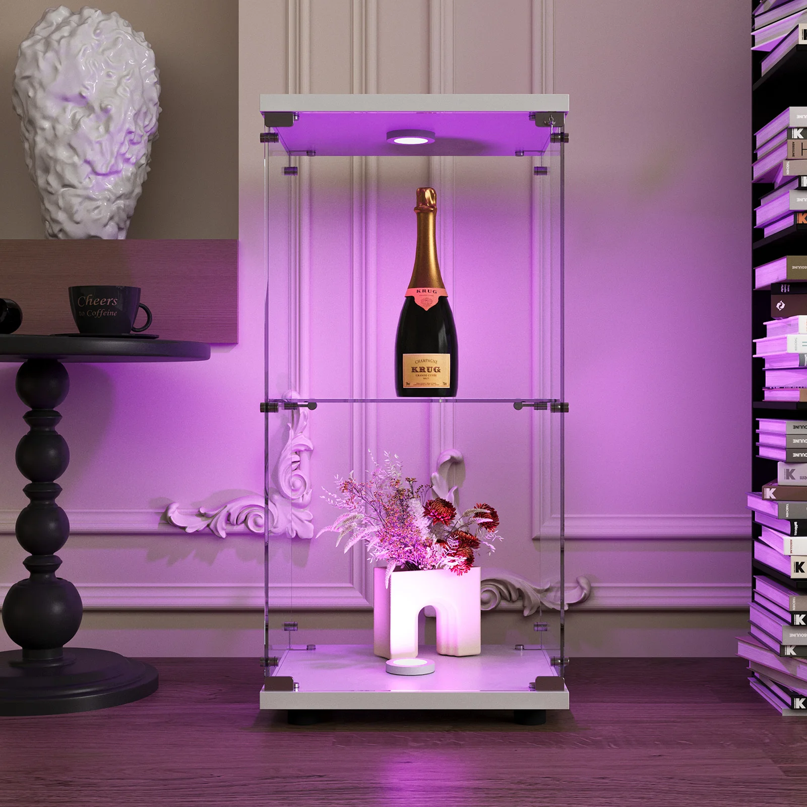 Anajqaqia 2-stöckige Vitrine, Freistehende Aufbewahrungseinheit mit Berührungsaktivierter Beleuchtung und Schloss, für Wohnzimmer, Weiß – Detail 6