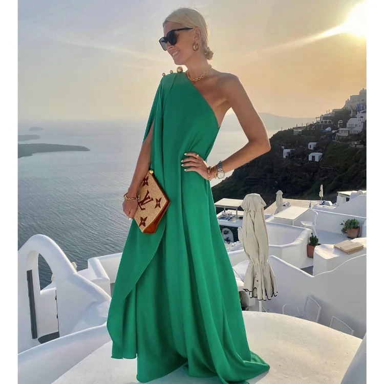 

2023 Women Elegant One Shoulder Draped Maxi Dress Vacation Birthday Party Night Cocktail Club dresses