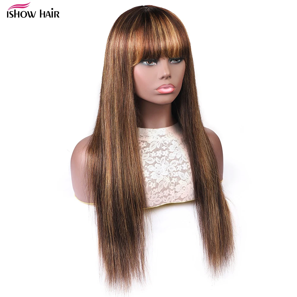 Ishow Highlight Wig With Bangs Glueless Bone Straight Human Hair Wigs For Women Brazilian Remy Full Machine Made Fringe Wigs