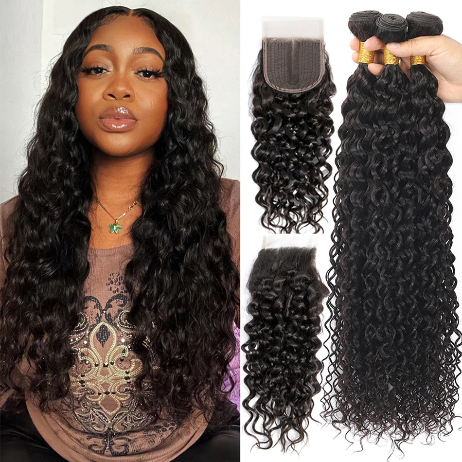 Tissage Peruvian Water Wave 3 Bundles Human Hair Weave With Closure Long Wet And Wavy