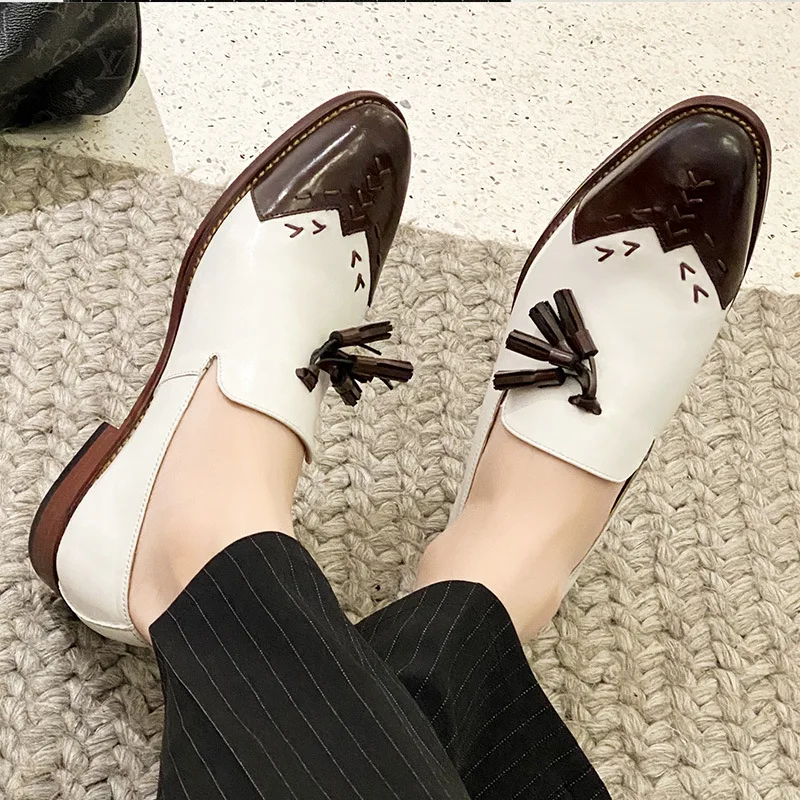 

New Carved Fashion Slip-On Fringed Brown Colorblock Leather Shoes